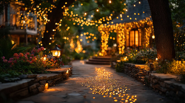 Enchanted garden pathway illuminated at night with warm string lights and decorative lanterns