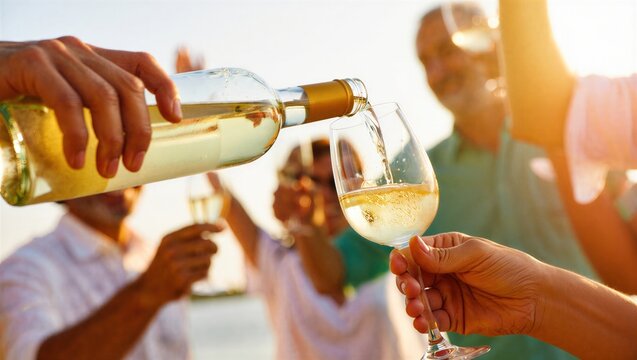 Wine pouring into tilted glass during tasting event 
with hand holding wine glass while server pours wine from bottle, dynamic liquid motion. Concept of wine tasting, drink service, alcohol culture