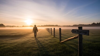 Fototapeta premium Person walking alone in rural landscape.