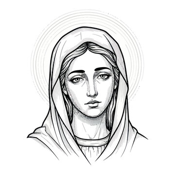Portrait of Virgin Mary, Religious Icon, Catholic Art, Black and White Drawing