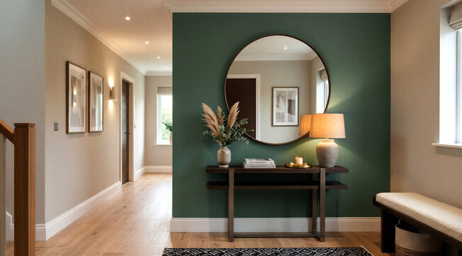 Modern hallway interior with green accent wall console table and round mirror for stylish home decor ideas