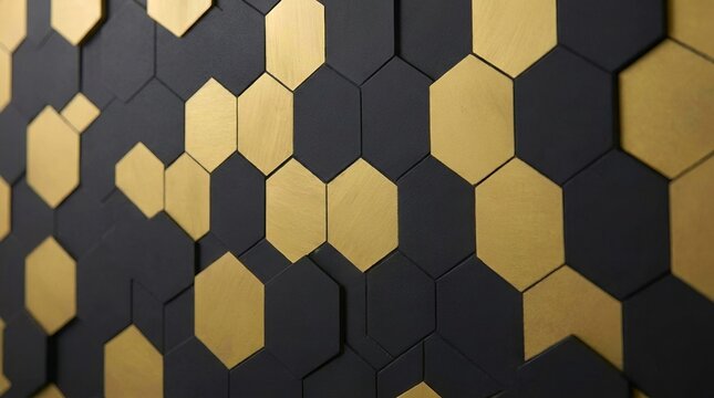 Abstract background with modern black and gold hexagonal tiles in 3d wall pattern.