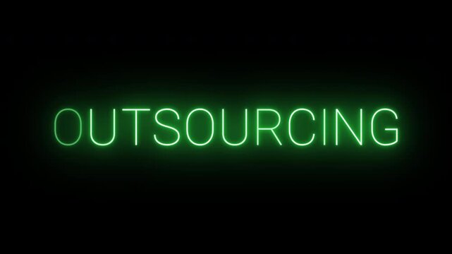 Flickering neon green glowing outsourcing sign animated black background.