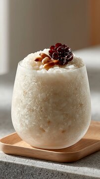 Chilled Korean sikhye rice smoothie garnished with pine nuts and jujub