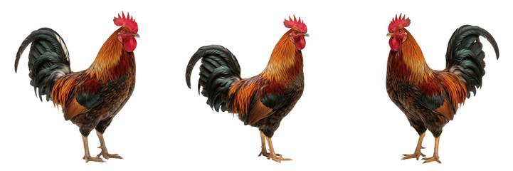Set of Three Realistic Roosters Isolated on White Background, Colorful Cockerel Poultry Birds, Farm Animals PNG Graphics, Detailed Male Chicken Illustrations for Agricultural Themes and Creative Graph © kingdom