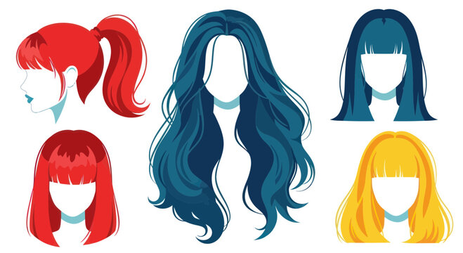 Diverse Hairstyles Collection: Red, Blue, and Yellow Hair Illustrations