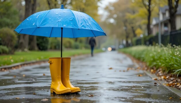 Blue Umbrella and Yellow Rubber Boots on Rainy Day Representing Playful Spirit of Spring April Showers Outdoor Weather Scene