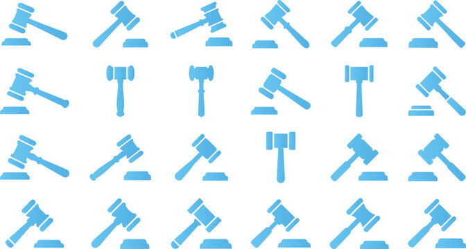 Collection of blue judge gavel icons on white background symbolizing justice law legal proceedings court trials and law enforcement judgments.