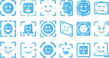 Fototapeta premium Blue face recognition icons showing smiling faces in camera frames for security and identification.