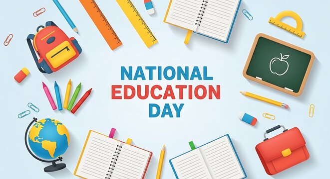 National Education Day poster with classroom theme, flat lay illustration of school supplies including backpack, ruler, crayons, notebooks, chalkboard, and globe arranged around the central text