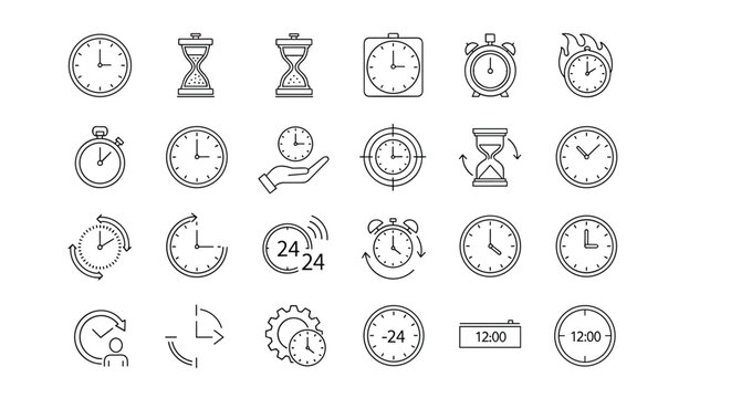 Clock, Stopwatch, and Timer Icons for Time Management, Schedule, and Monitoring