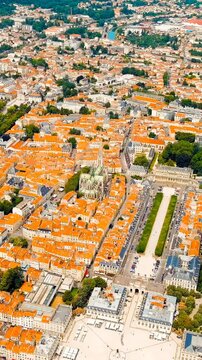 Vertical video. Nancy, France. Stanislav Square. Nancy City Hall. Summer, Sunny day. Drone footage, Departure of the camera. Rich colors