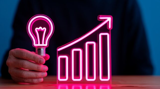 Innovative Executive Holding Transparent Light Bulb and Rising Graph in Vibrant Neon Colors, Symbolizing Growth and Creativity in Business Strategy