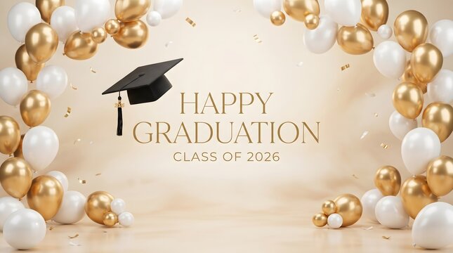 Graduation celebration with balloons and cap golden and white color scheme high quality professional detailed modern elegant