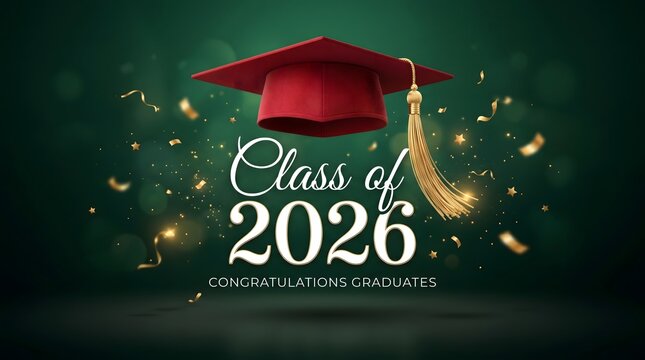 Graduation cap with golden tassel and class of 2026 text on dark green background high quality professional