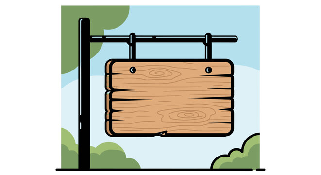 A rustic wooden signpost hangs from a metal pole, set against a backdrop of green trees and a light blue sky.