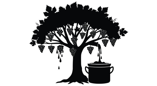 Black silhouette of a grape vine tree with bunches of grapes and a pot silhouette high quality professional detailed modern elegant stylish clean