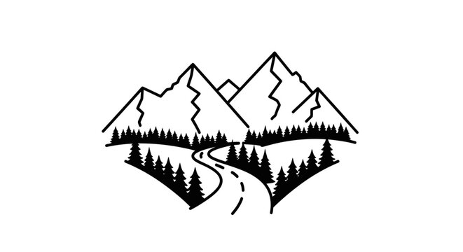A minimalist black and white line drawing of a winding road leading through a dense forest towards majestic, jagged mountain peaks under a clear sky.
