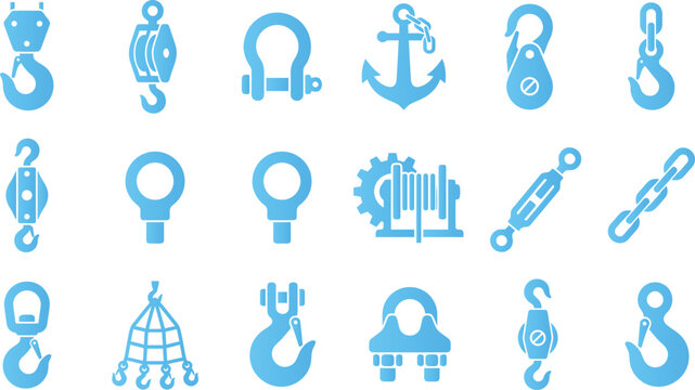 Collection of blue industrial crane and lifting equipment icons for construction and shipping on white background vector.