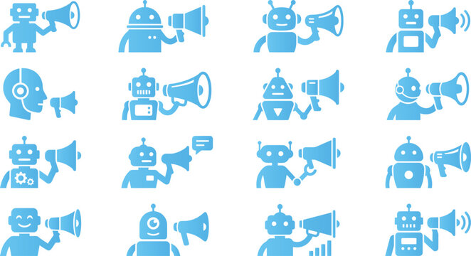Set of blue robot icons with megaphones and communication symbols for AI technology and broadcasting on white background.