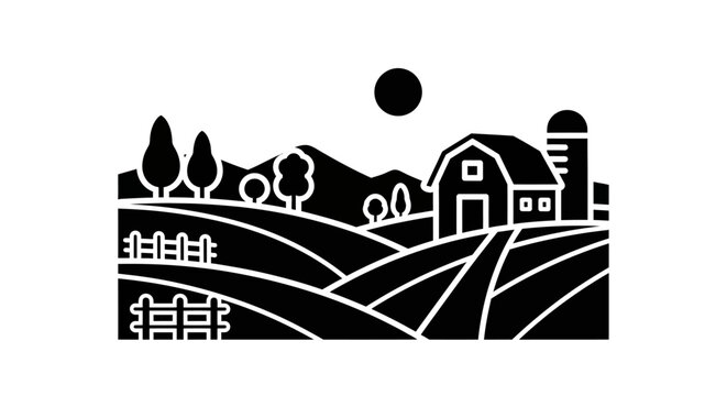 A stylized black and white illustration of a farm landscape with rolling hills, a barn, silo, trees, and a fence under a sun.