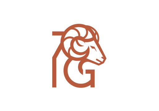 Abstract illustration of a rams head combined with letters on white background