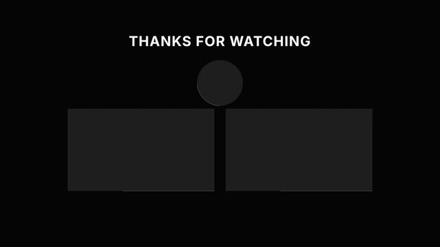 Minimalist black end screen template featuring placeholders for social media profile icons and two video frames for YouTube channel outro