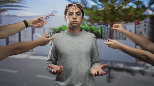 Man surrounded by four hands offering multiple eyeglasses, palms up and shrugging while wearing a pair on his forehead, standing in front of a fence on a street; indecision choice.