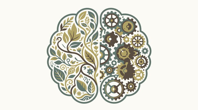 Brain, creative mind, human brain, gear mechanism, floral pattern, abstract design