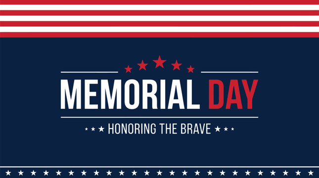 Memorial Day banner features bold typography and American flag motifs to honor fallen service members.