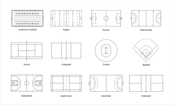 Sports court and field set vector illustration. American football, pickleball, volleyball, handball, tennis, cricket, soccer, baseball, basketball, rugby, badminton, hockey court diagrams