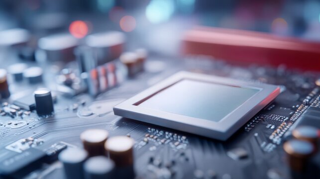 Close-up of a computer circuit board with a central processing unit and electronic components
