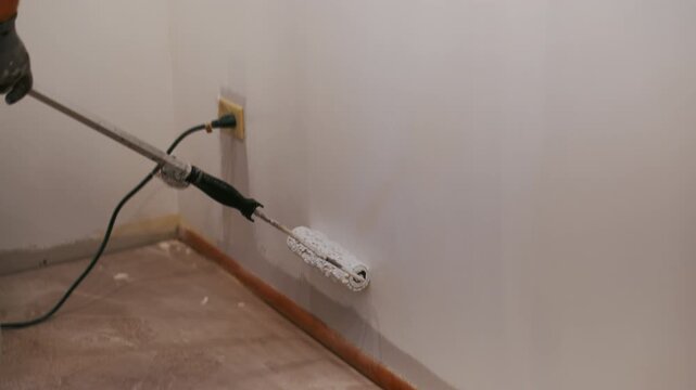Worker painting wall with brush roller from the floor to the ceiling. Interior renovation 