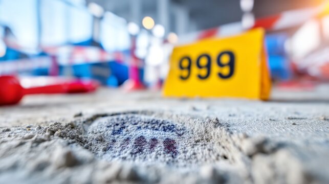 Crime Scene Investigation Marker and Footprint in Sand on Crime Scene Floor