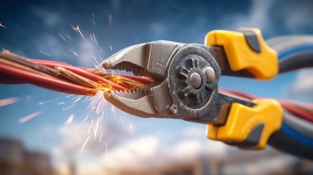 Close-up of electrical wire cutting with pliers and sparks flying
