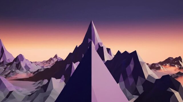 Low Poly Mountain Landscape at Sunset, Geometric Peaks, Pink Orange Sky