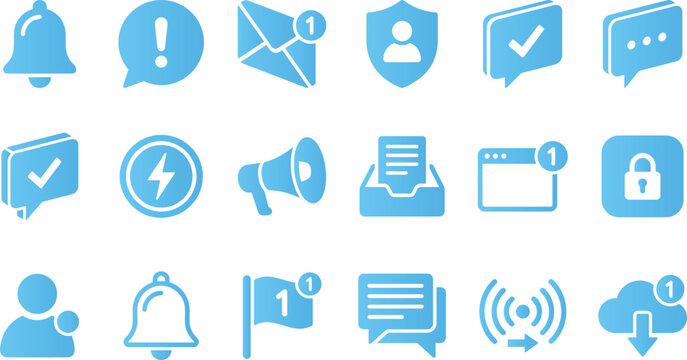 Set of blue notification and alert icons including bells speech bubbles mail shields and warning signs for alerts.