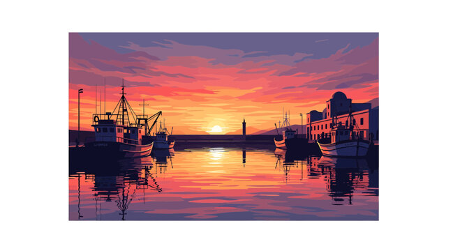 Vibrant Sunset over Peaceful Fishing Port with Reflections