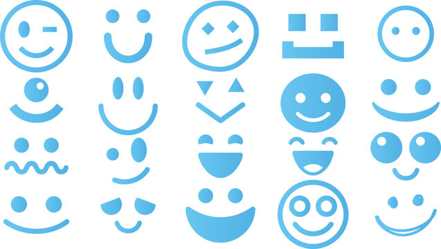 Assorted blue smiley face emoticons and emojis expressing various emotions for digital communication and feedback.