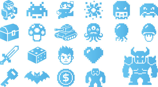 Retro pixel art icons for video games featuring characters monsters and items in blue.