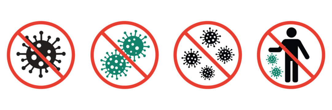 No Virus Infection Icons Set, Stop Germs, Bacteria, and Coronavirus Prevention Symbols in Red Warning Circles Vector Illustration.
