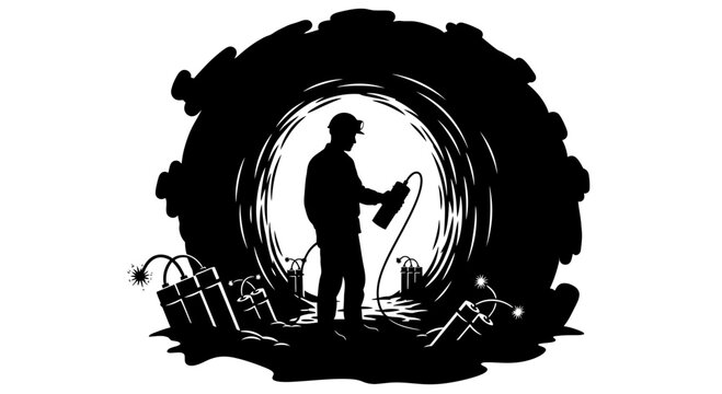 Miner silhouette holding detonator with dynamite in underground cave