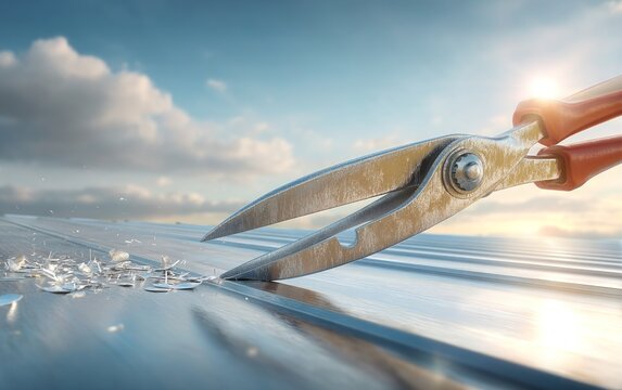 Close-up of hands cutting metal sheet with tin snips outdoors at sunset