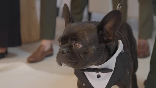 Close up of french bulldog in tuxedo outfit standing indoors near groom shoes