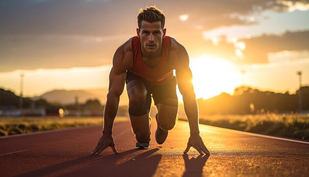 A man in red athletic gear crouches at the starting line of a track at sunset