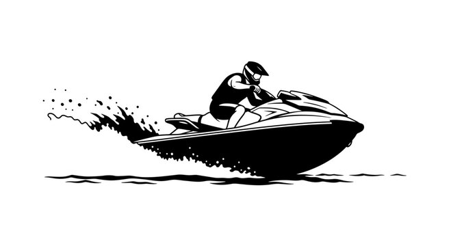 Personal watercraft rider racing across water with splashing waves