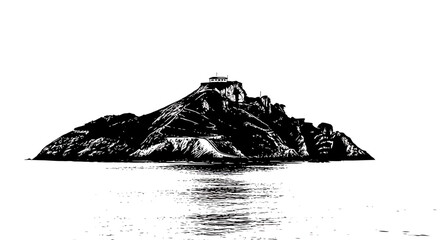 Naklejka premium Isolated rocky island mountain with a building in the ocean