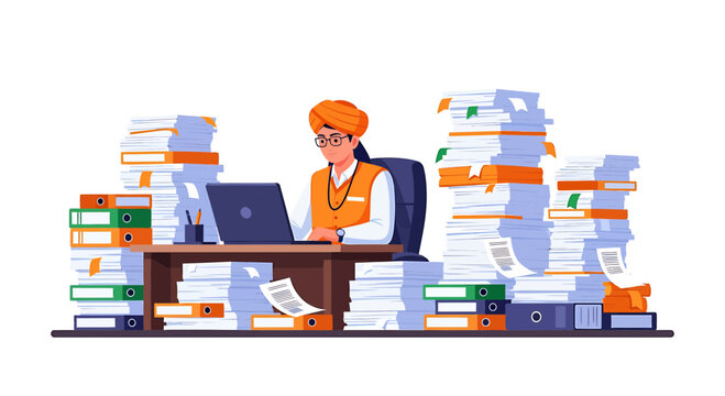 Office worker sitting at desk surrounded by massive stacks of paper