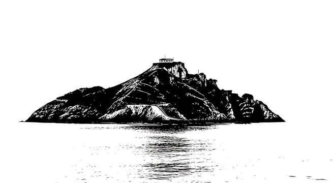 Isolated rocky island mountain with a building in the ocean