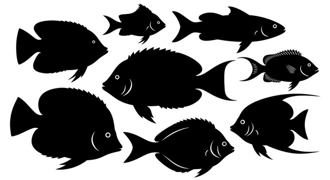 Various tropical sea fish silhouettes on white background